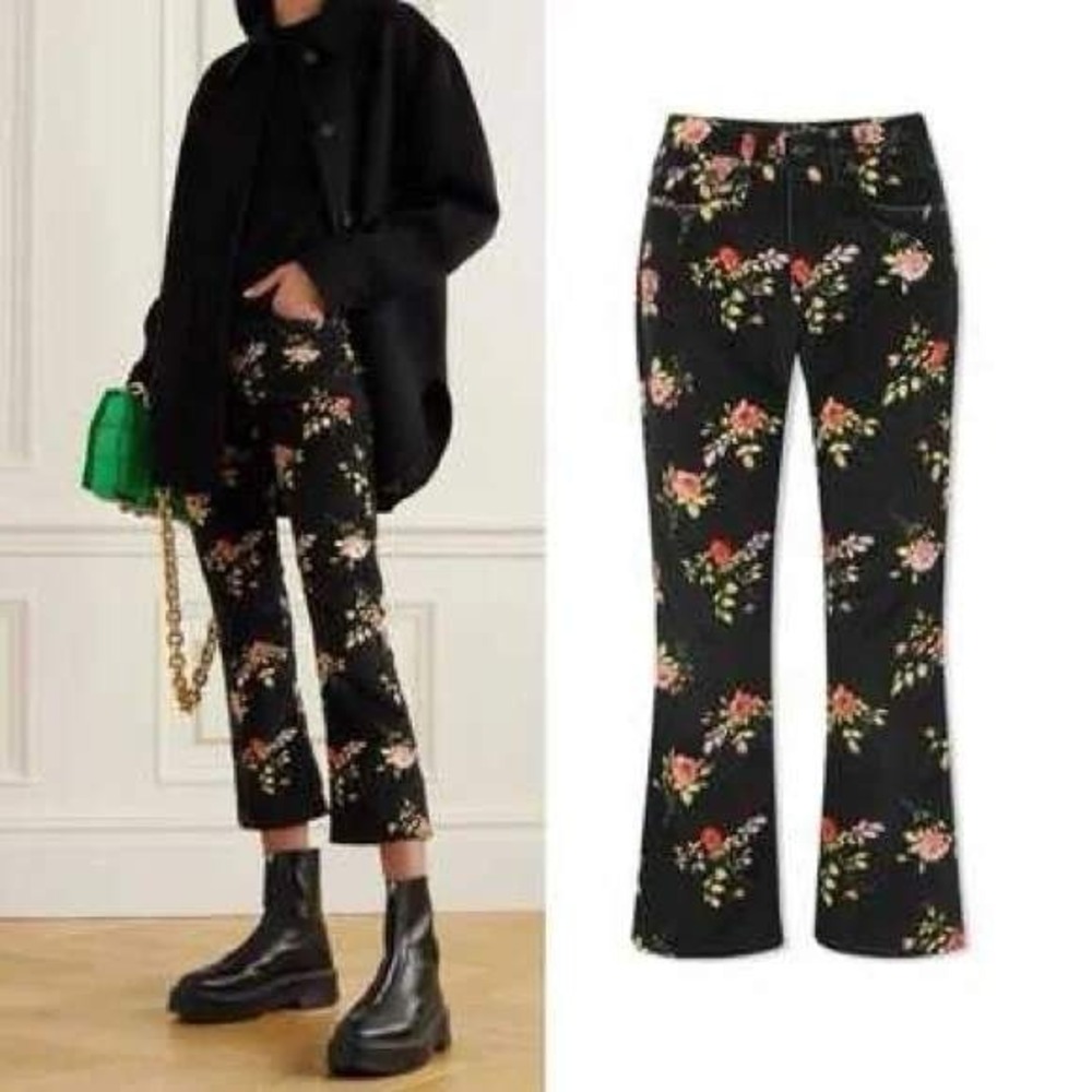 R13 Kick Fit high rise black floral velvet cropped flare pants‎ NWT 27